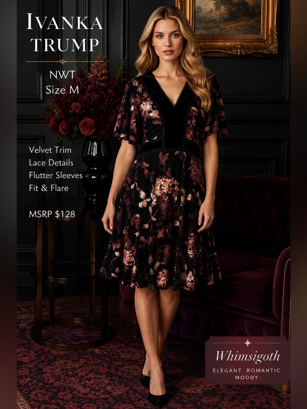 Ivanka Trump NWT Velvet Trim Floral Cocktail Dress Whimsigoth Goth Glam M